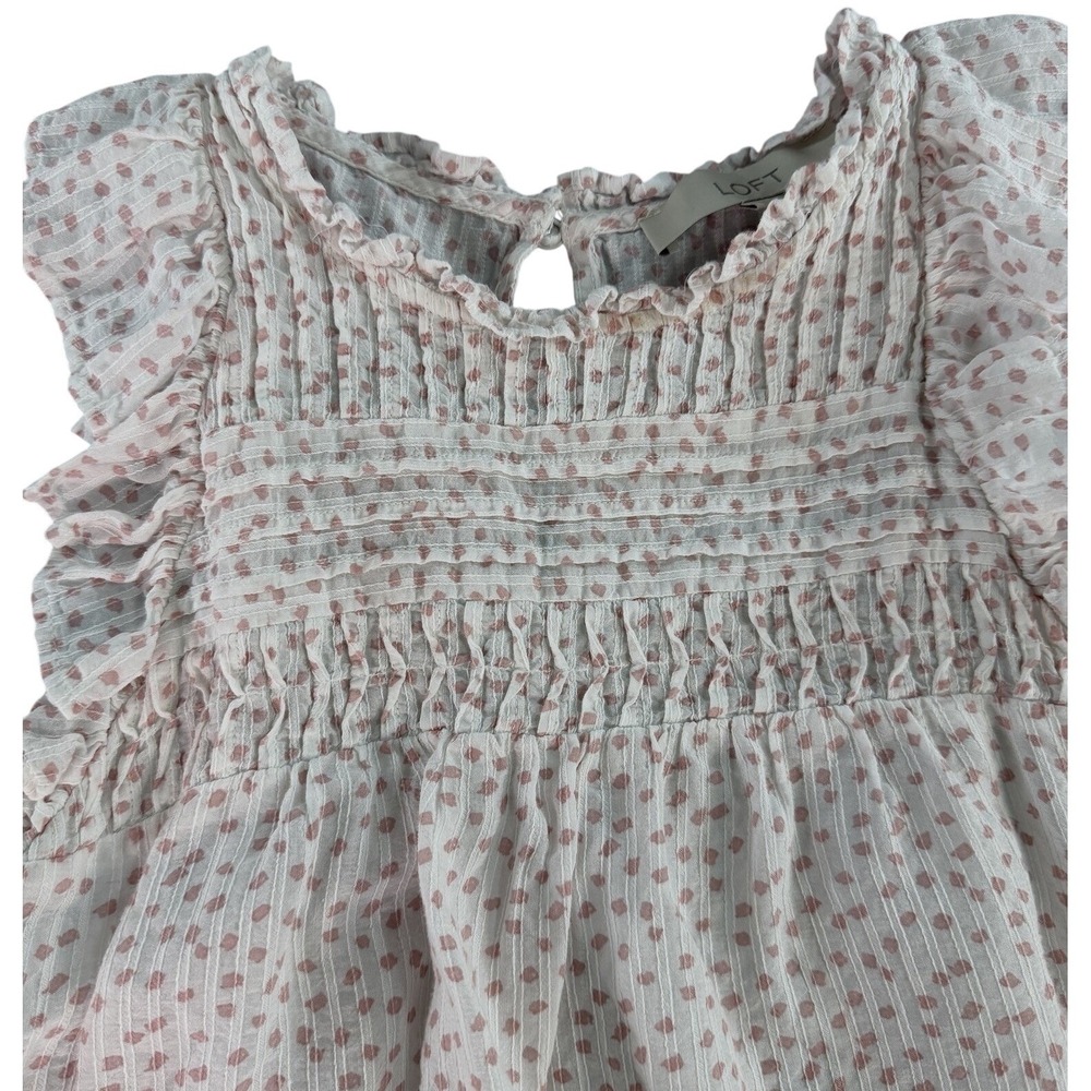 Women's‎ White Pink Dot Ruffle Smocked Neck Short Sleeve Dress Size S
